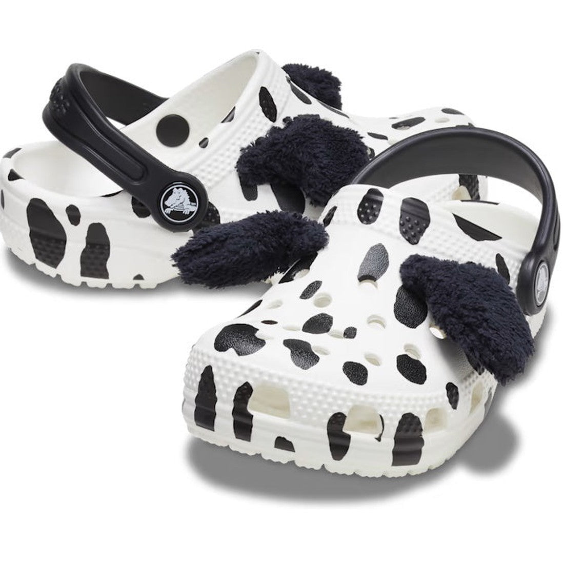 Crocs Kids Toddlers Classic Clog I Am Dalmatian—white clogs with black spots, cushioned sole, playful fuzzy ears, secure heel strap.  ksnz