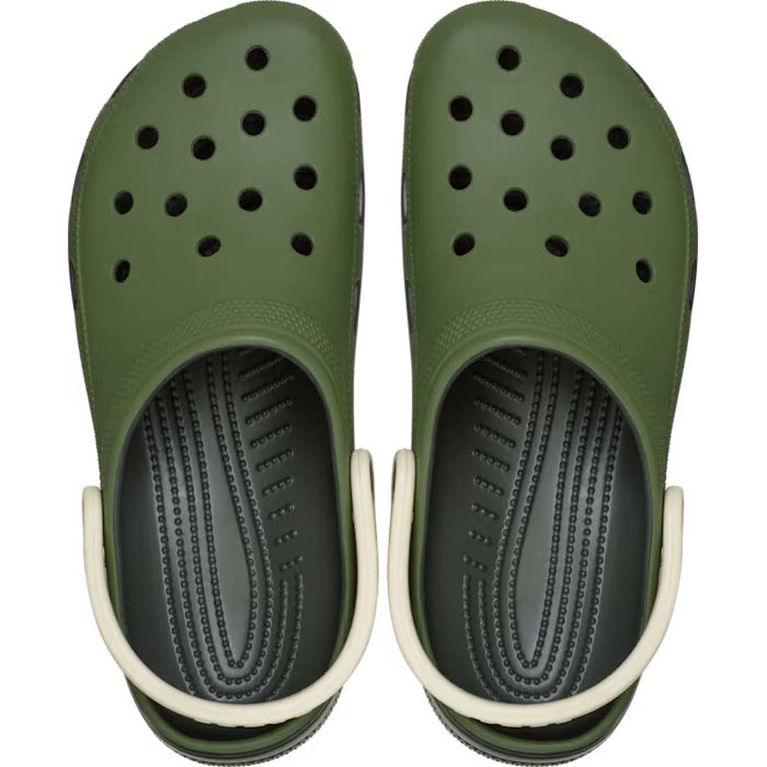 The Crocs Classic Retro Sport Clog Khaki Army Green Adults features ventilation holes, white adjustable heel straps, and delivers classic retro clog style plus signature Crocs comfort, shown from a top-down view., 198445276774, 198445276781, 198445276798,