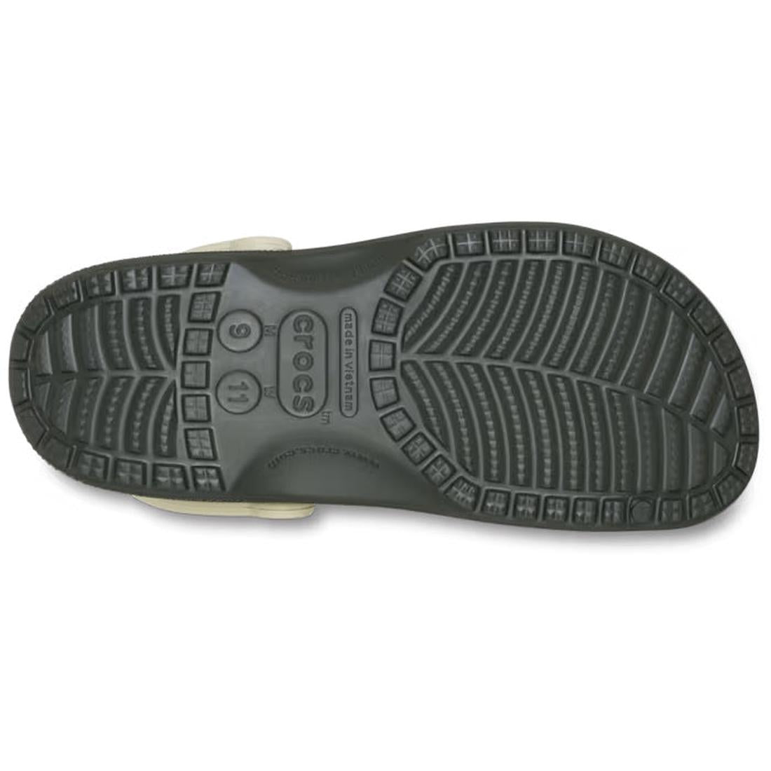 The bottom view of the Crocs Classic Retro Sport Clog Khaki Army Green Adults showcases textured grip patterns and the Crocs logo, emphasizing its classic sport-inspired design and signature molded comfort., 198445276774, 198445276781, 198445276798, 19844