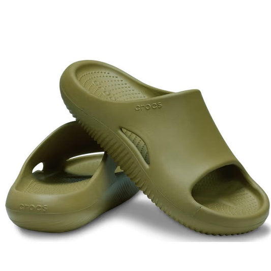 Crocs Mellow Recovery Slide in Aloe Green—comfy adult sandals with open toes, slip-on style, textured soles, and LiteRide foam.  ksnz