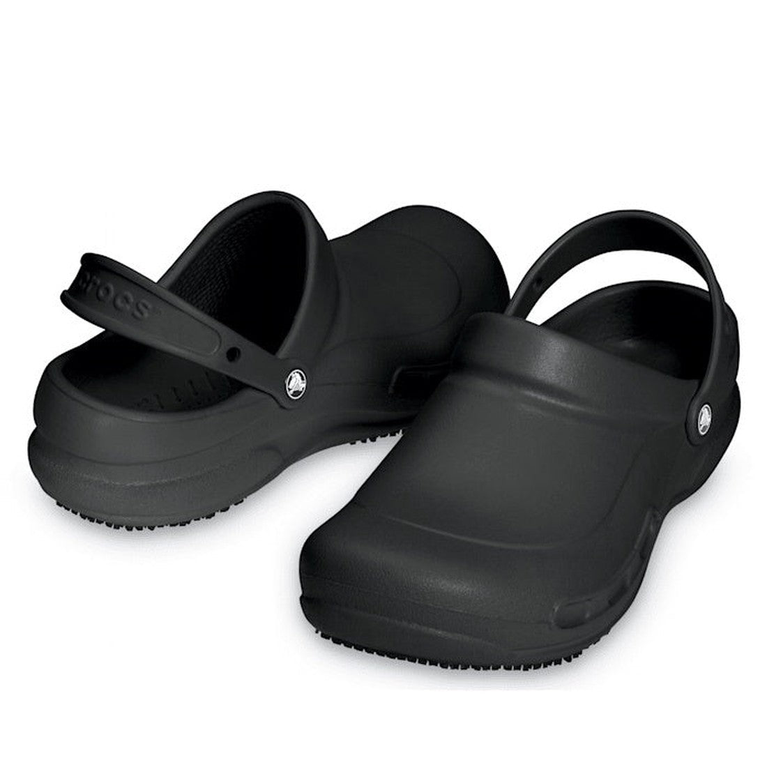 The Crocs Bistro Chefs Clog with Anti Slip Sole Black Unisex features adjustable back straps, a smooth design, and slip-resistant textured soles for grip. Made from lightweight, rubber-like material, these work shoes are ideal for comfort and safety.