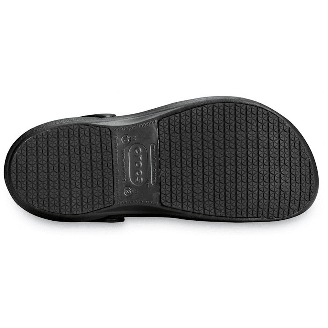 The image displays the black rubber sole of the Crocs Bistro Chefs Clog with Anti Slip Sole, featuring a grid-like textured pattern for grip and an embossed brand logo in the center, viewed from below., 883503071094, 883503071100, 883503071117, 8835030711