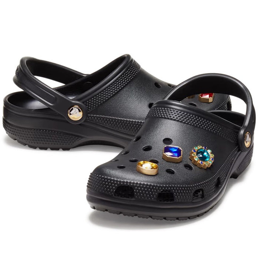 The Crocs - Classic Clog Jewel Black for adult women feature colorful, removable jewel embellishments, ankle straps, textured soles, and signature Crocs Comfort for all-day wear., 196265870141, 196265870158, 196265870165, 196265870172, 196265870189, 41839