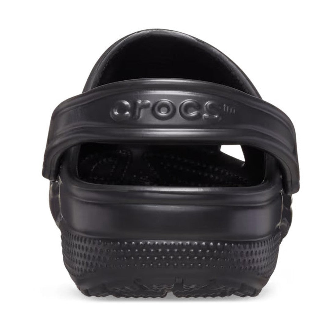 Rear view of the Crocs - Classic Clog Jewel Black Adults womens, showing the heel strap up, Crocs Comfort, textured sole, Crocs logo on the back strap, and removable jewel embellishments for a customizable look., 196265870141, 196265870158, 196265870165, 