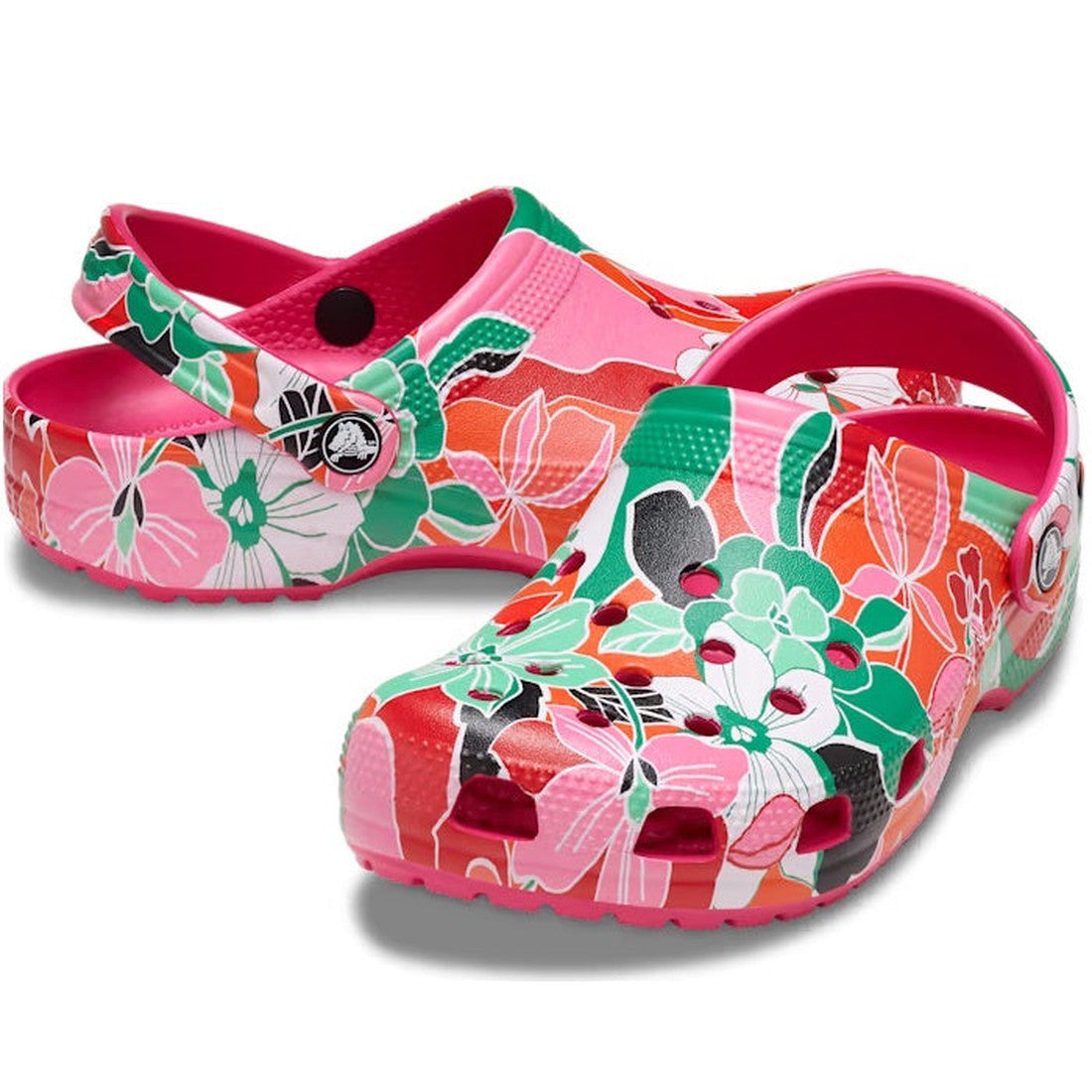 Crocs Classic Clog Woodcut Floral Dragonfruit Bright Pink Adults: comfy clogs in joyful pink, easy slip-on, cozy sole, secure strap.  ksnz