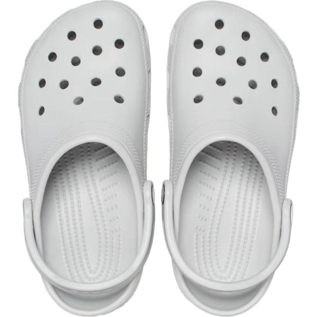 A pair of Crocs - Classic Clog Atmosphere Light Grey Adults, featuring ventilation holes and adjustable heel straps for lightweight comfort, crafted in rubber and seen from above., 28052, 196265207671, 196265207688, 196265207695, 196265207701, 19626520771