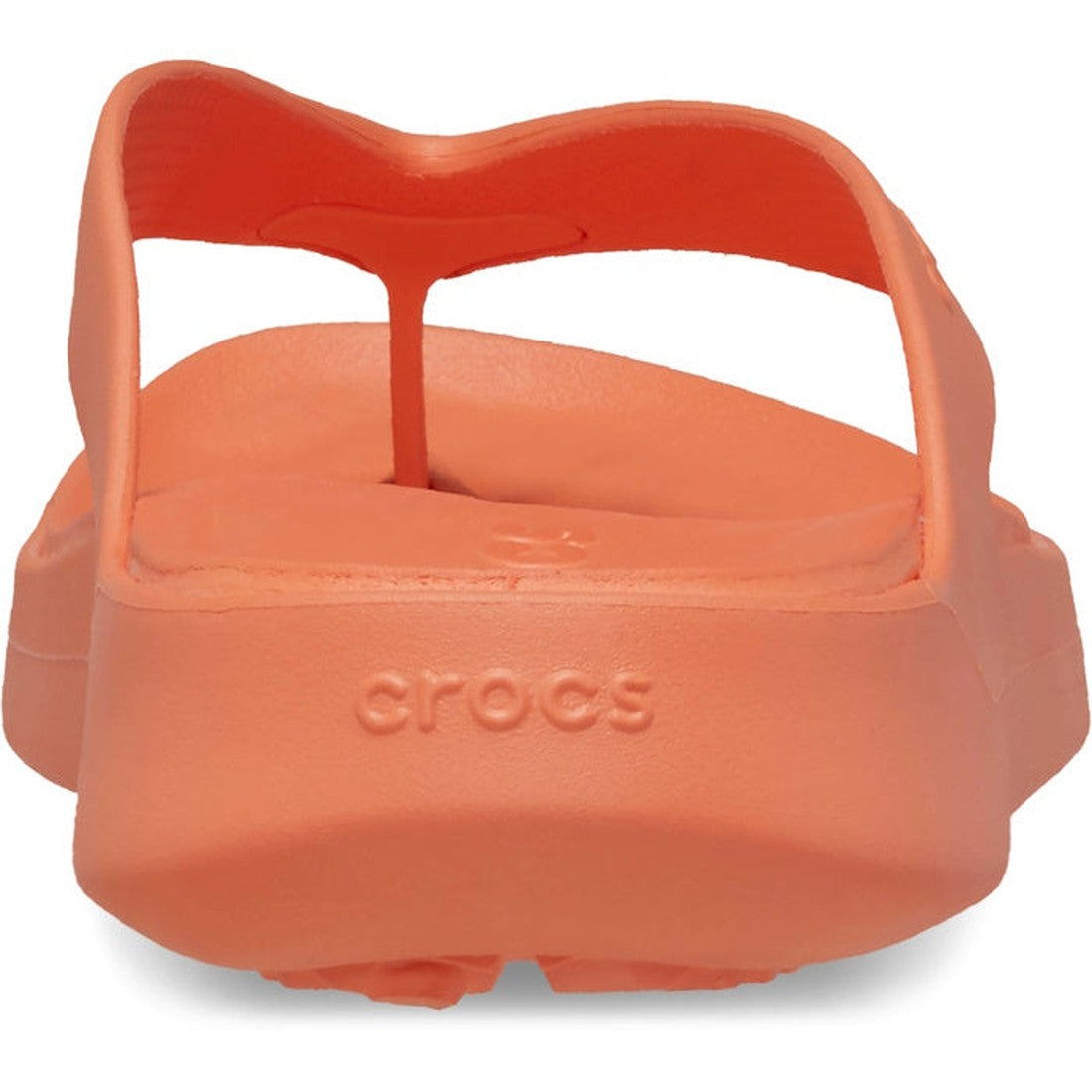 Close-up rear view of the Crocs - Womens Getaway Strappy Flip Flop Sandal in Sunkissed Orange, showing the strap, Crocs logo on the heel, and Free Feel Technology for enhanced comfort., 35861, 35862, 196265614660, 196265614677, 196265614684, 196265614615,