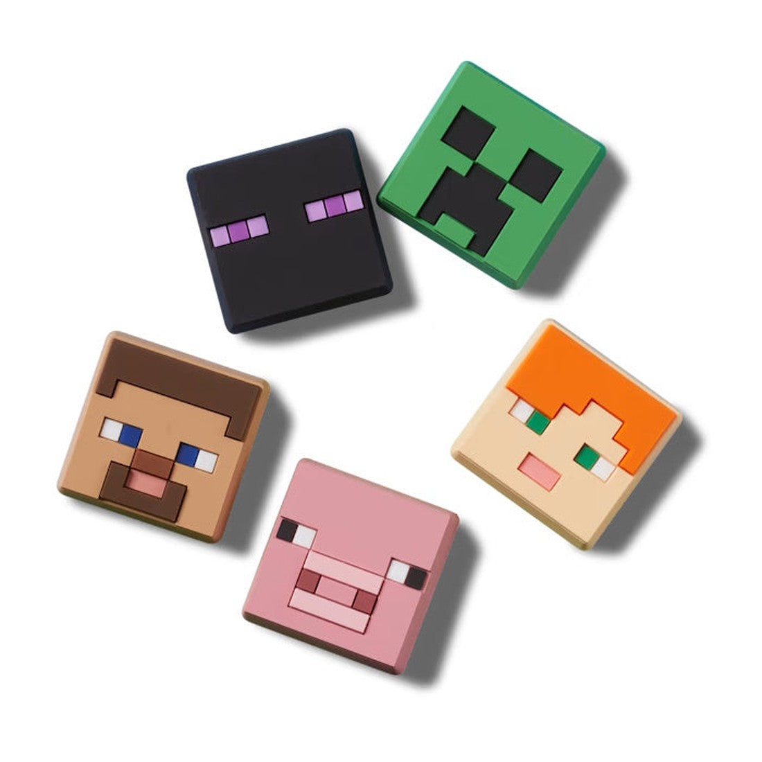 The Crocs Jibbitz 5 Pack - Minecraft features square charms of Steve, Alex, Pig, Creeper, and Enderman in a pixelated style. Great for decorating your Crocs or adding personality as unique shoe charms., 196265283828