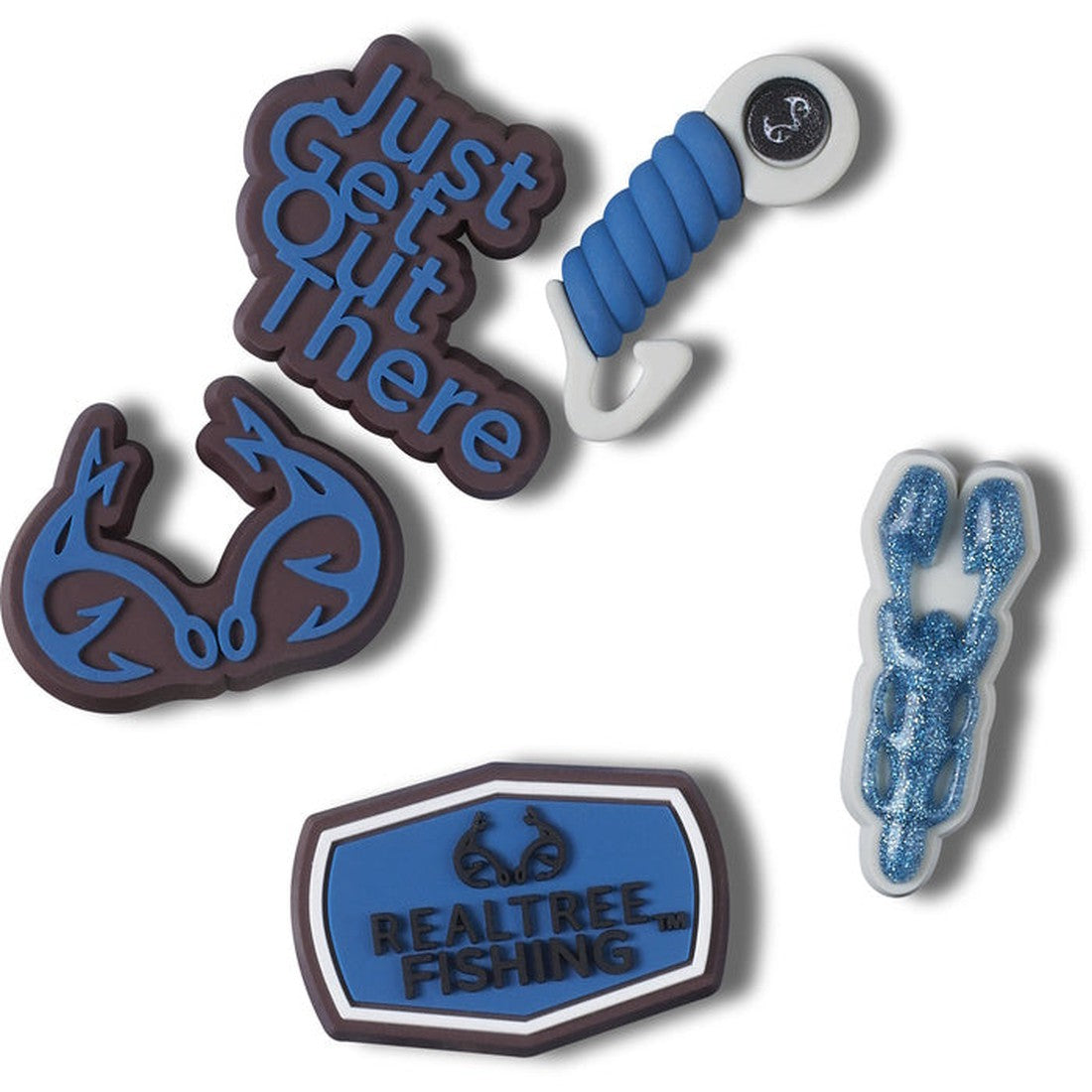 Decorate your Crocs with the Crocs Jibbitz 5 Pack - Realtree Aspect, featuring five colorful fishing-themed charms: a blue and white fish hook, blue sparkly chain, hook-shaped piece, "Just Get Out There" phrase, and RealTree Fishing badge., 196265422487