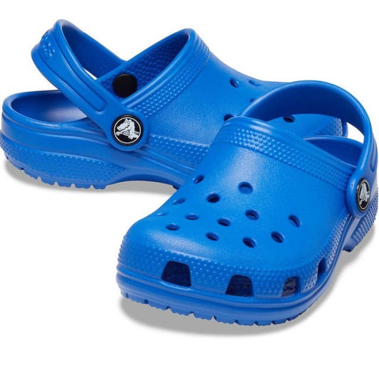A pair of Crocs Kids - Classic Clog K Blue Bolt Toddlers, made from Croslite with ventilation holes and adjustable heel straps, displayed on a white background.