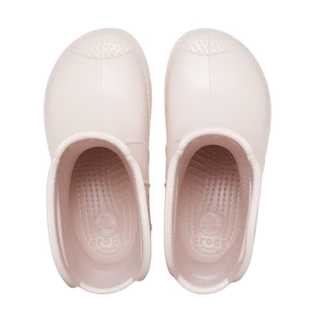 A top-down view of Crocs Kids - Handle It Rain Boot Quartz Pink - Gumboots, placed side by side on a white background. The Crocs logo on the insoles highlights their playful style and rain boot-inspired design., 196265537105, 196265537112, 196265537129, 1