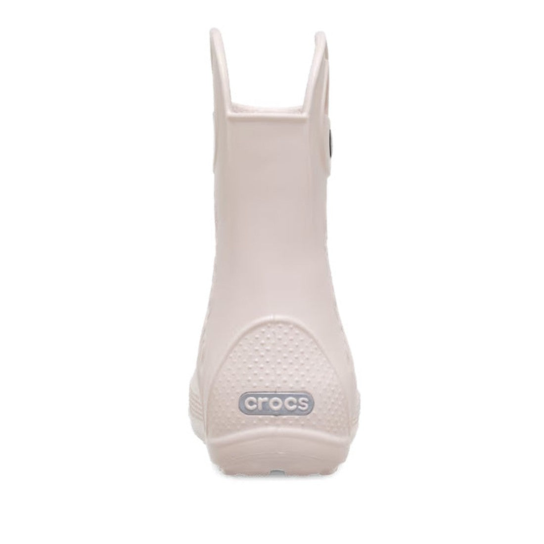A rear view of the Crocs Kids Handle It Rain Boot in Quartz Pink against a white background, featuring the Crocs logo near the heel—ideal for kids who want stylish, waterproof pink gumboots., 196265537105, 196265537112, 196265537129, 196265537136, 1962655