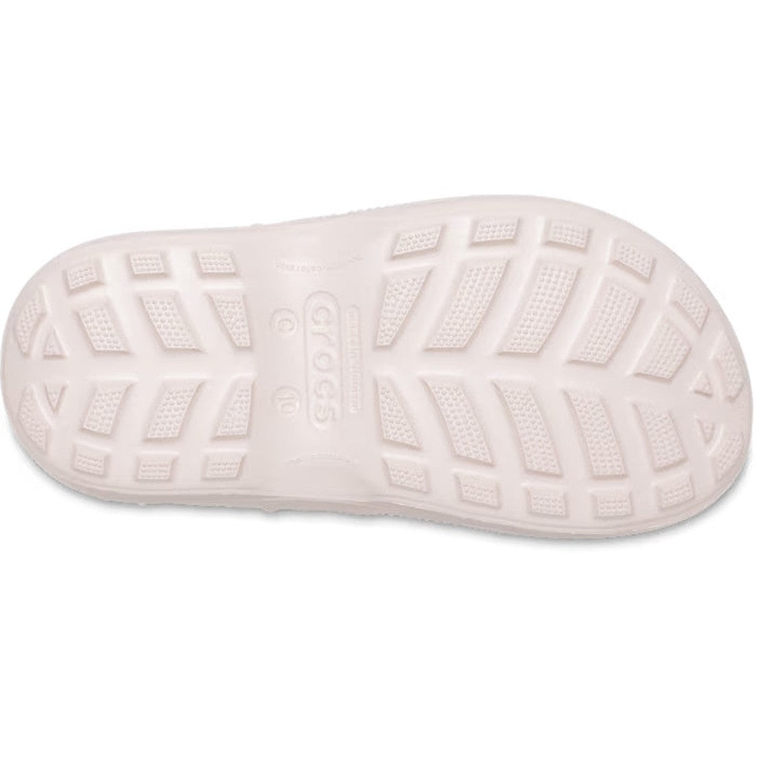 The image shows the sole of a Crocs Kids - Handle It Rain Boot Quartz Pink - Gumboots, featuring a textured tread with rectangular and oval shapes for grip and the Crocs brand name embossed at the center., 196265537105, 196265537112, 196265537129, 1962655