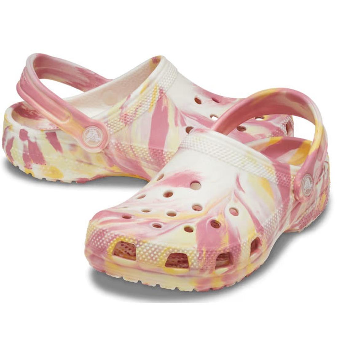 Crocs Kids Youths Glow Marbled Classic Clog in Daylily Pink Multi, a playful sandal with a cushioned sole, bright colors, and secure back strap.  ksnz