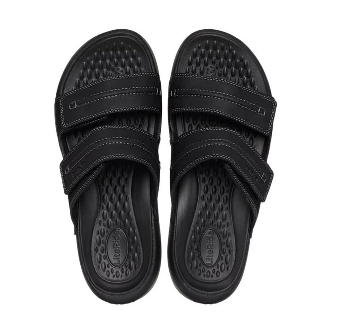 A pair of Crocs - Mens Yukon Vista II LR Sandals Slide Black with two adjustable straps and textured insoles, shown from above on a white background., 39529, 196265596195, 196265596201, 196265596140, 196265596157, 196265596164, 196265596171