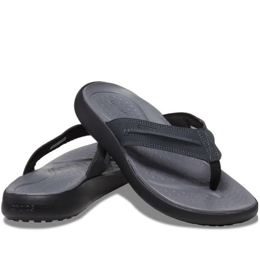 Crocs Men's Yukon Vista II LR black flip flops, with comfy textured footbeds and sturdy Croslite soles, shown together on white.  ksnz