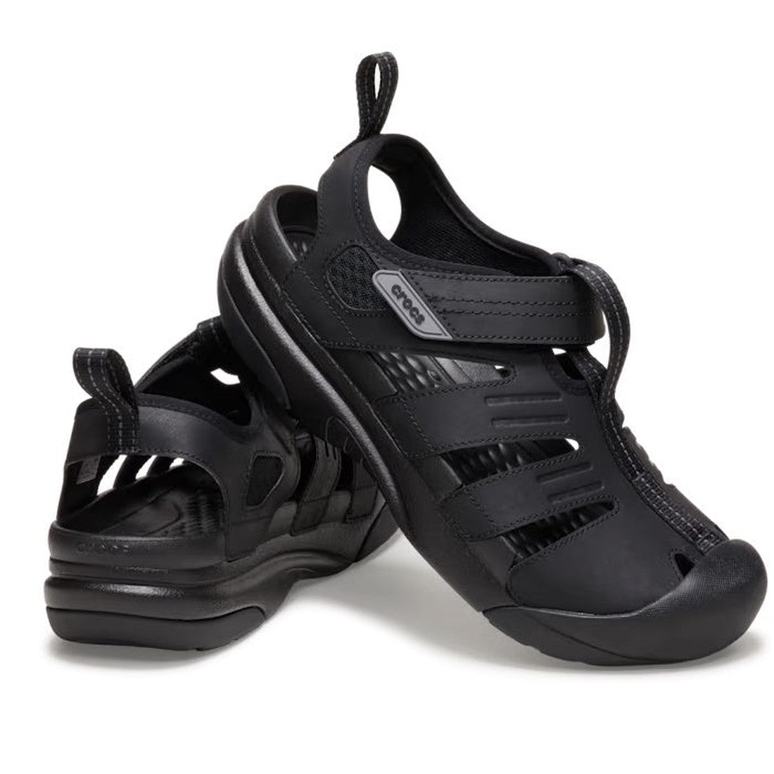 Crocs Men's Yukon Fisherman LiteRide Clogs in classic black, with thick comfy soles, cozy LiteRide footbed, and easy-to-adjust straps.  ksnz