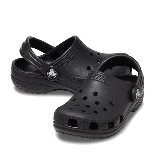 The Crocs Kids - Toddlers Classic Clog K Black Sandal features ventilation holes and heel straps, offering water-friendly comfort for toddlers. Displayed against a white background.