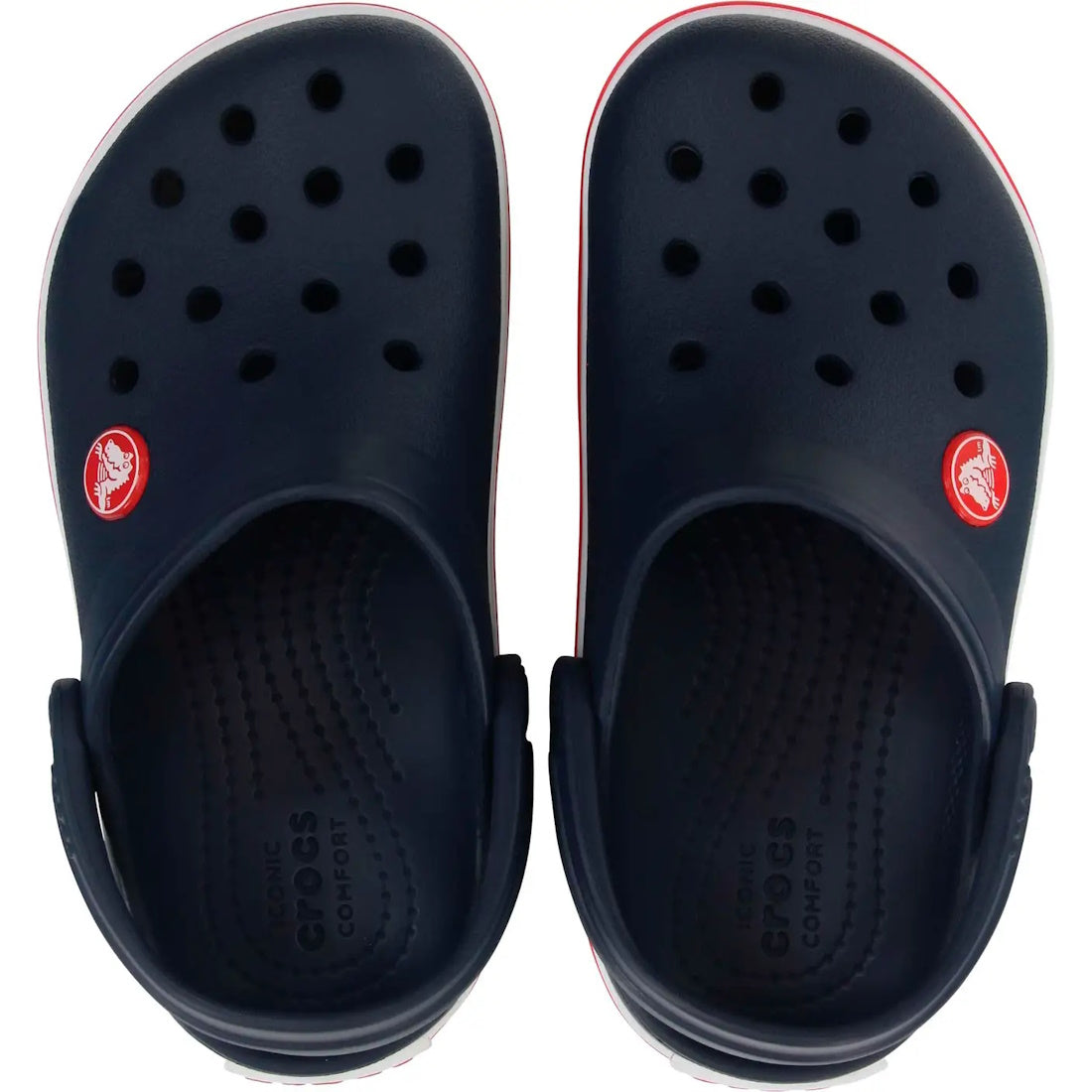 The Crocs Kids Toddlers Crocband Clogs in navy feature ventilation holes and a white-and-red sole trim, providing lightweight comfort. Seen from above., 50140, 191448738225, 191448738232, 191448738249, 191448738188