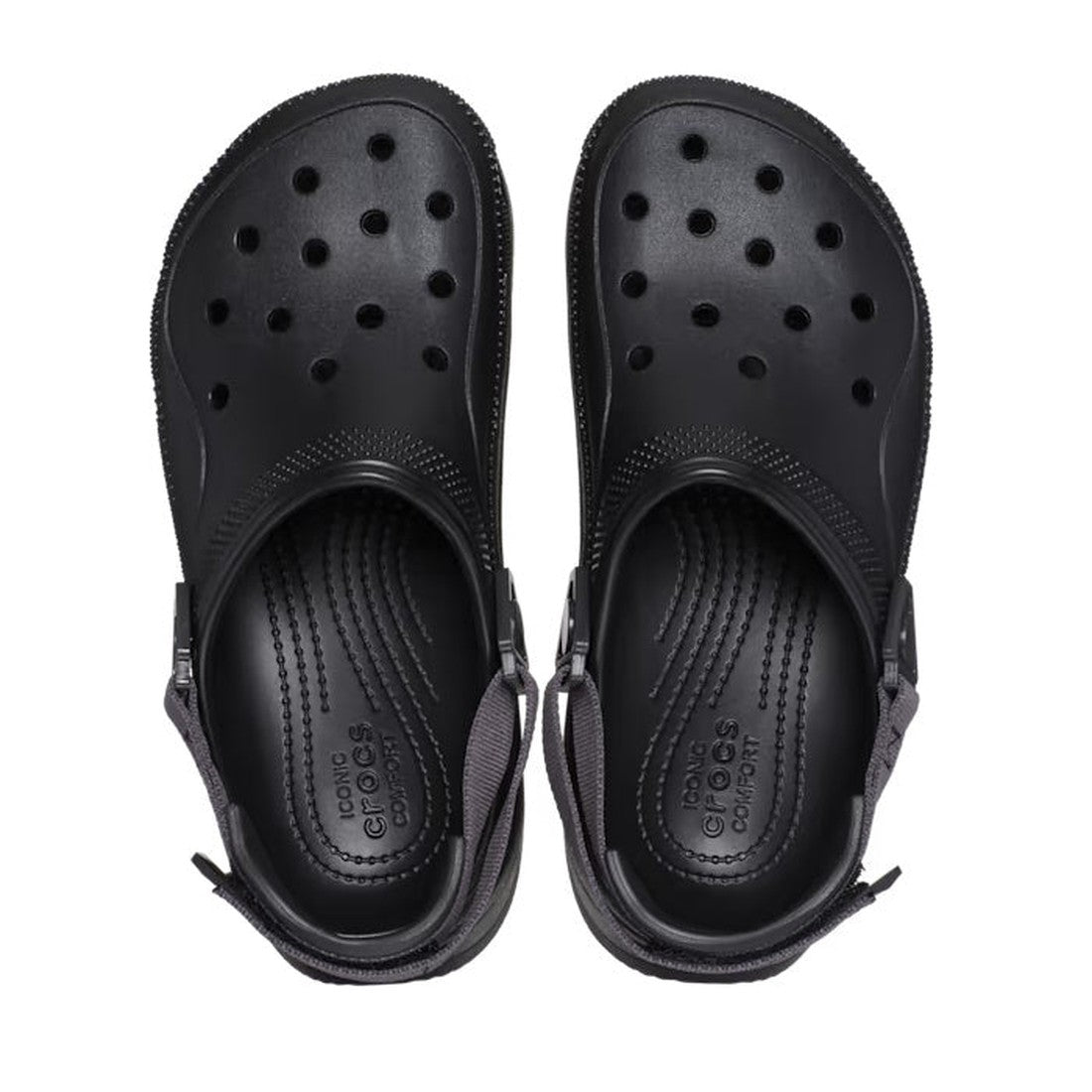 A pair of Crocs Hiker Xscape Clog Adults Black Platform shoes viewed from above, showing ventilation holes on the top and adjustable heel straps at the back., 35209, 196265351015, 196265351022, 196265351039, 196265351046, 196265351053, 196265350940, 19626