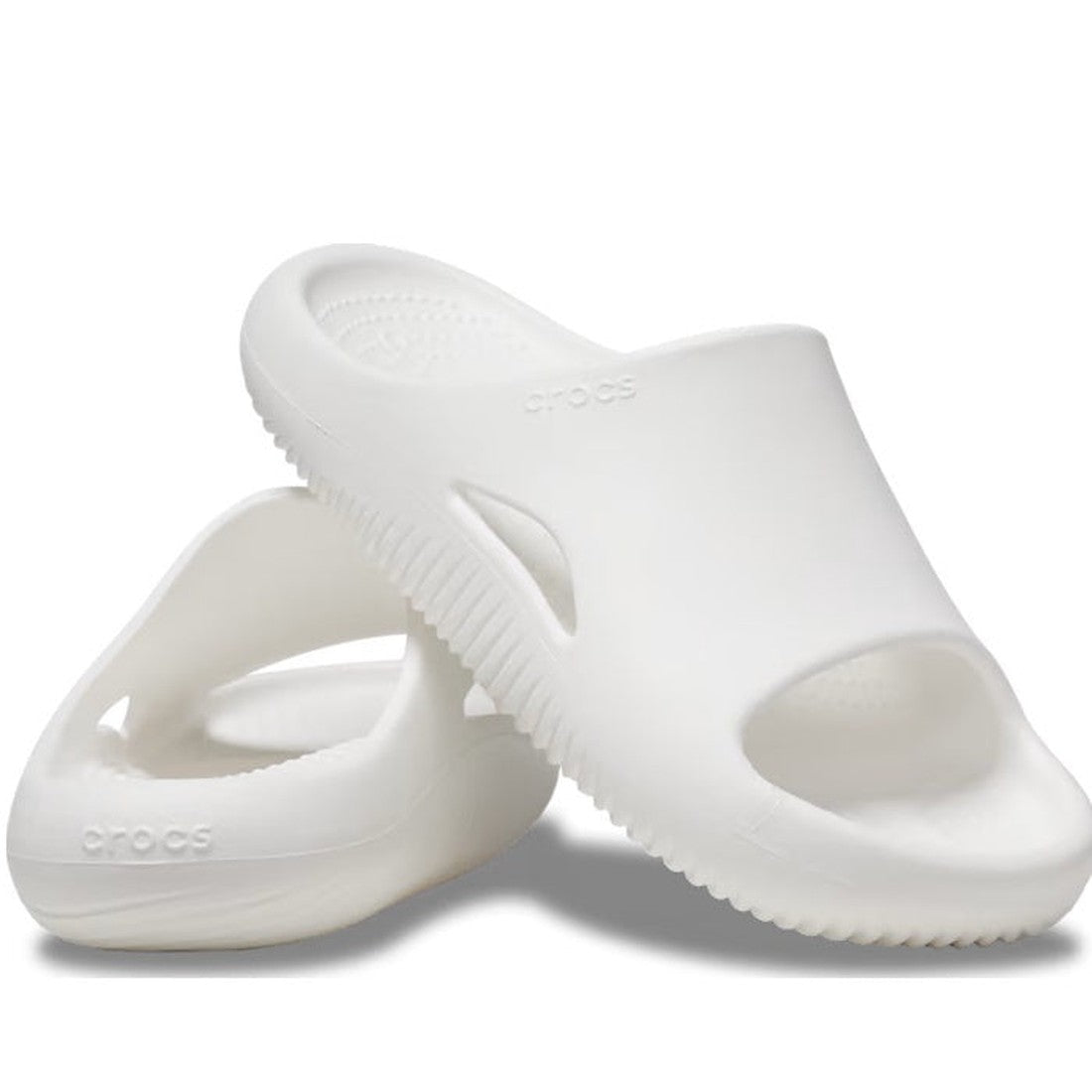 Crocs Mellow Recovery Slide: comfy white slip-on sandal with soft LiteRide foam, thick sole, open toe, and playful cutouts for all-day wear.  ksnz
