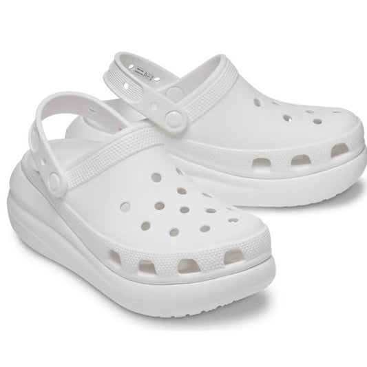 Crocs Classic Crush Clog Adults in bright white, comfy with textured grip soles, toe ventilation, and easy adjustable heel strap.  ksnz