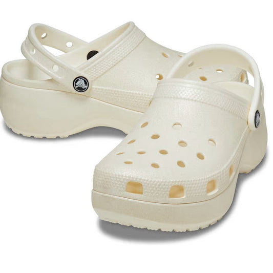 Womens Crocs Classic Glitter PLATFORM Clog in Chalk Off White, platform sole, fun sparkles, secure heel straps, and cooling holes.  ksnz
