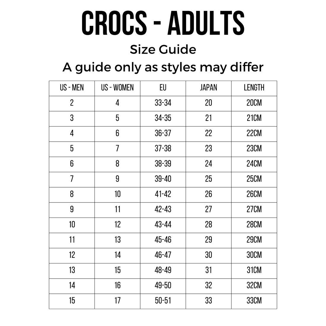 Size guide for Crocs - Classic Clog Ballerina Light Pink Adults: includes US men’s, US women’s, EU, Japan sizes, and shoe length in cm for sizes 4–15. For reference only—fit may vary by style., 191448102866, 191448102873, 191448102880, 191448102897, 19144