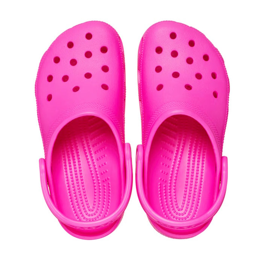 A pair of Crocs - Classic Clog Pink Crush Adults, unisex summer shoes with top ventilation holes and adjustable heel straps, shown from above on a white background., 196265822904, 196265822911, 196265822928, 196265822935, 196265822942, 196265822959, 19626