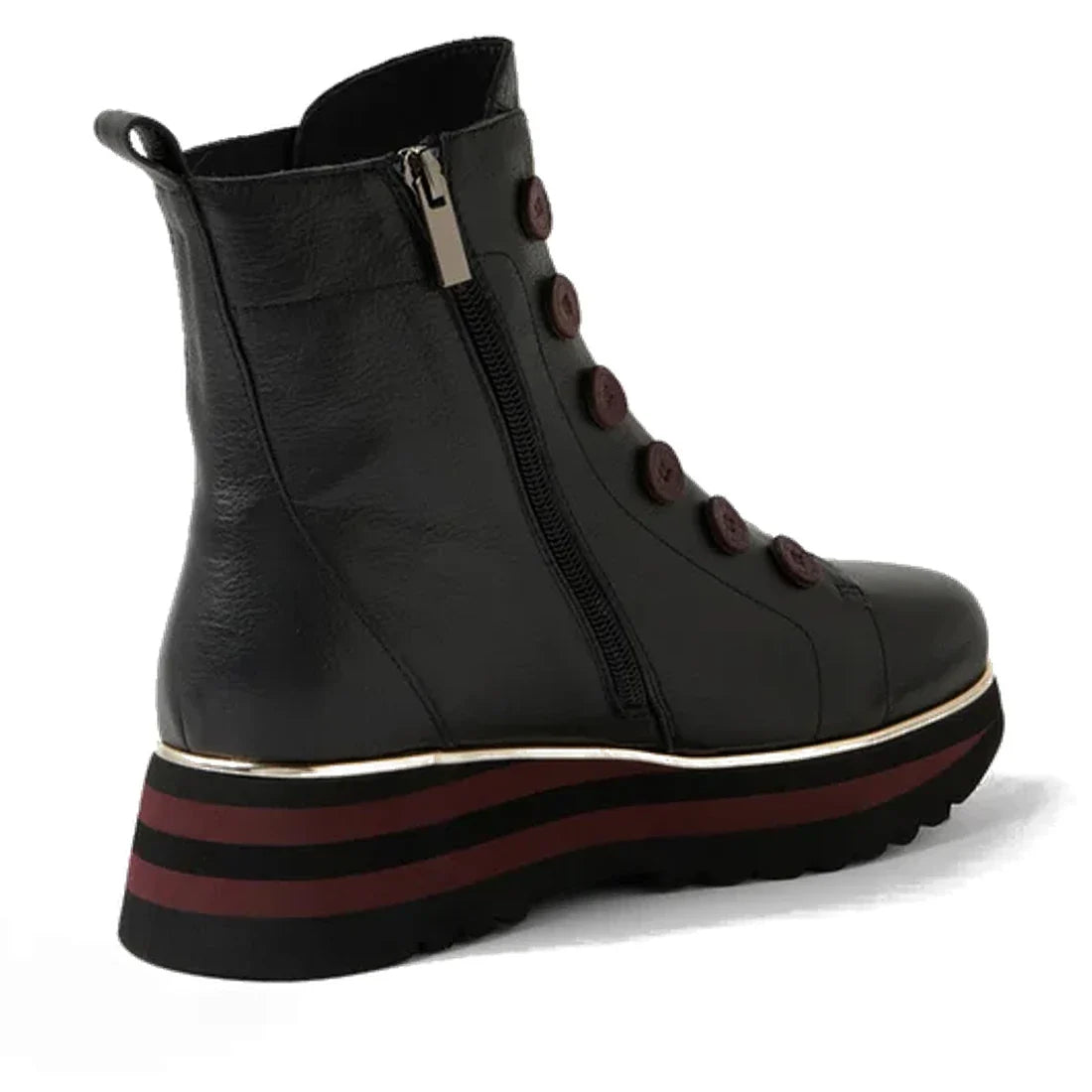 The Django & Juliette Elrick Black Burgundy Leather Boot features a side zipper, decorative buttons, and a bold platform sole with black and red stripes—making it a standout ankle boot for women., 51075, 4434754351792, 4434754351808, 4434754351815, 443475
