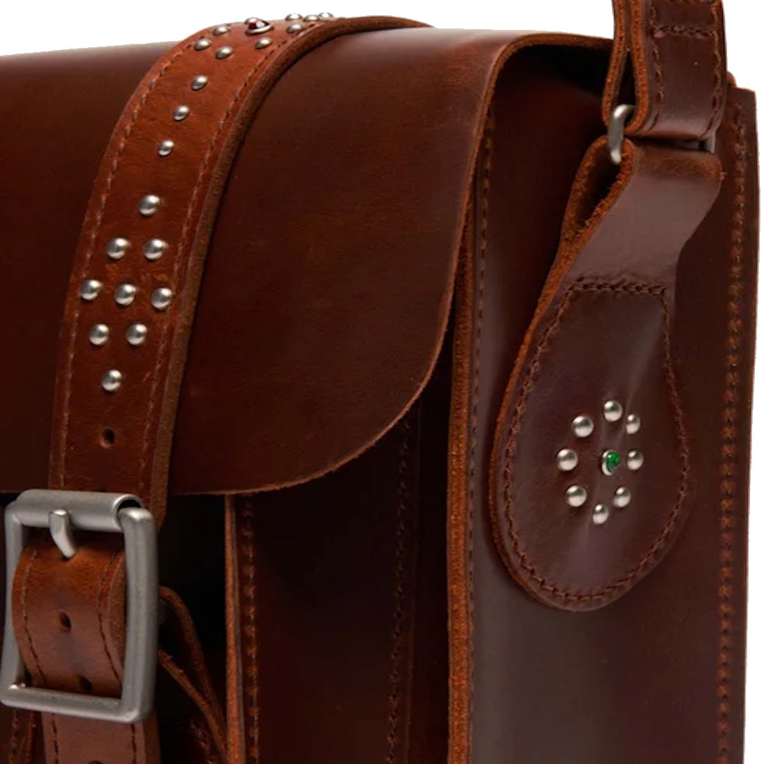 Dr Martens Leather Cross Body Satchel in Amber Tan, with silver rivets, a green jewel handle, sturdy sole, and secure buckle closure.  ksnz, 190665794830
