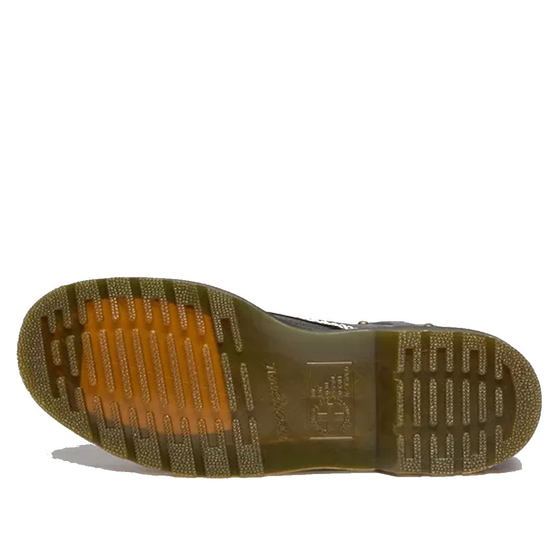 The image shows the sole of a Dr Martens Women's 1460 Pascal Flower Black Grizzly Leather Boot, featuring a rugged tread pattern, horizontal grooves, and a translucent amber color. The brand name and logo appear in the center., 52216, 190665781137, 190665