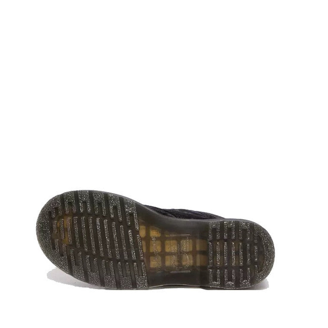 A Dr Martens 1460 Vegan Black Crushed Velvet 8 Eye Boot lies on its side with the sole facing up, displaying a translucent, textured tread pattern against a plain white background., 190665580938, 190665580945, 190665580952, 190665580969, 190665580983, 190