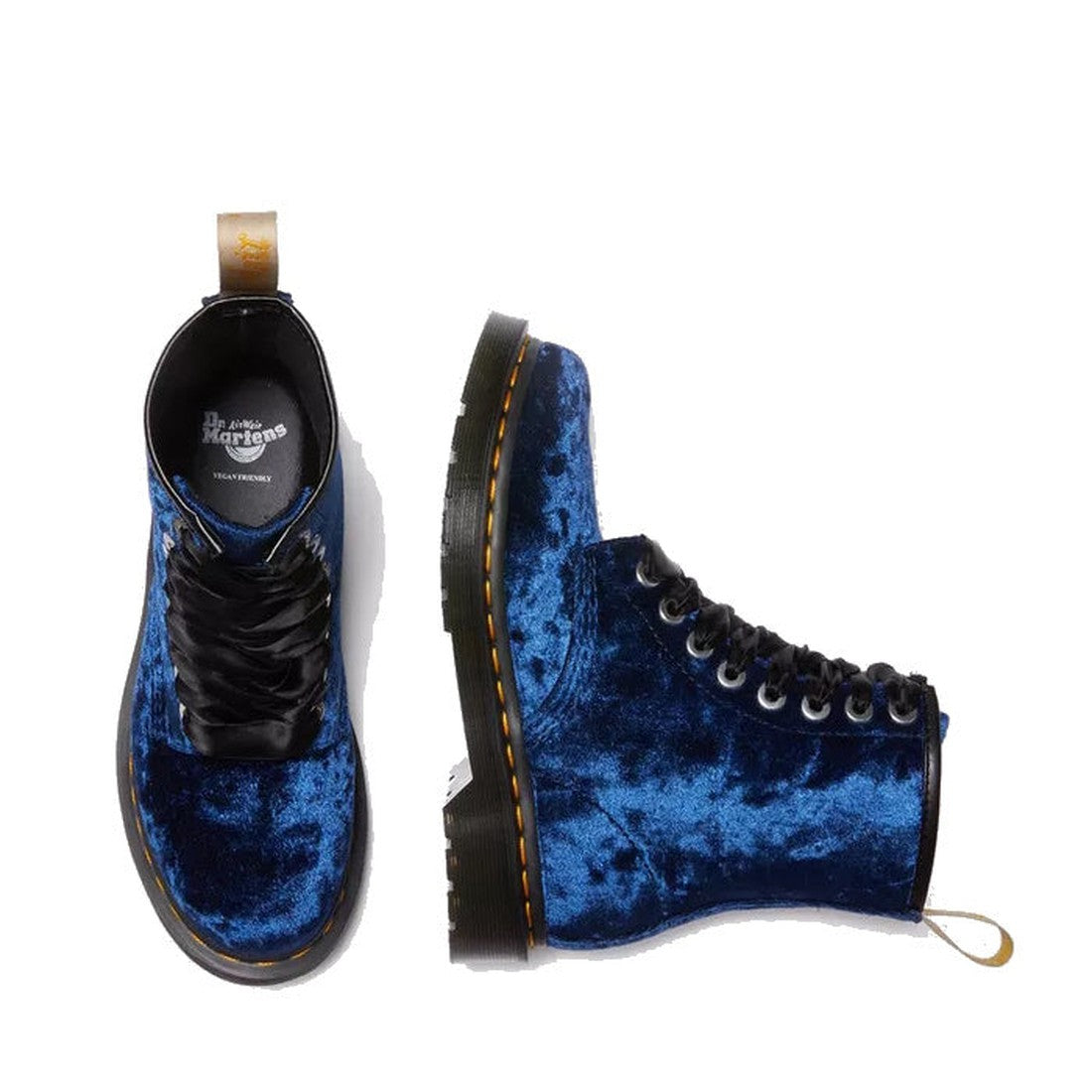 The Dr Martens 1460 Vegan Blue Crushed Velvet 8 Eye Boot features black soles and yellow stitching, shown from top and side views on a white background., 190665581010, 190665581027, 190665581034, 190665581041, 190665581065, 190665581072