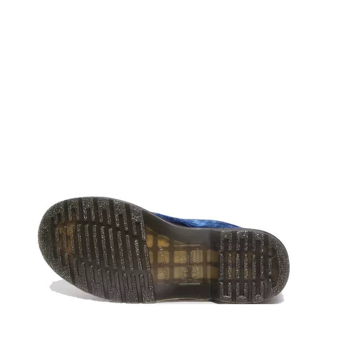 A close-up of the bottom sole of the Dr Martens 1460 Vegan Blue Crushed Velvet 8 Eye Boot, against a white background. The black sole displays tread patterns and a translucent midsection, emphasizing this iconic style's durability and flair., 190665581010