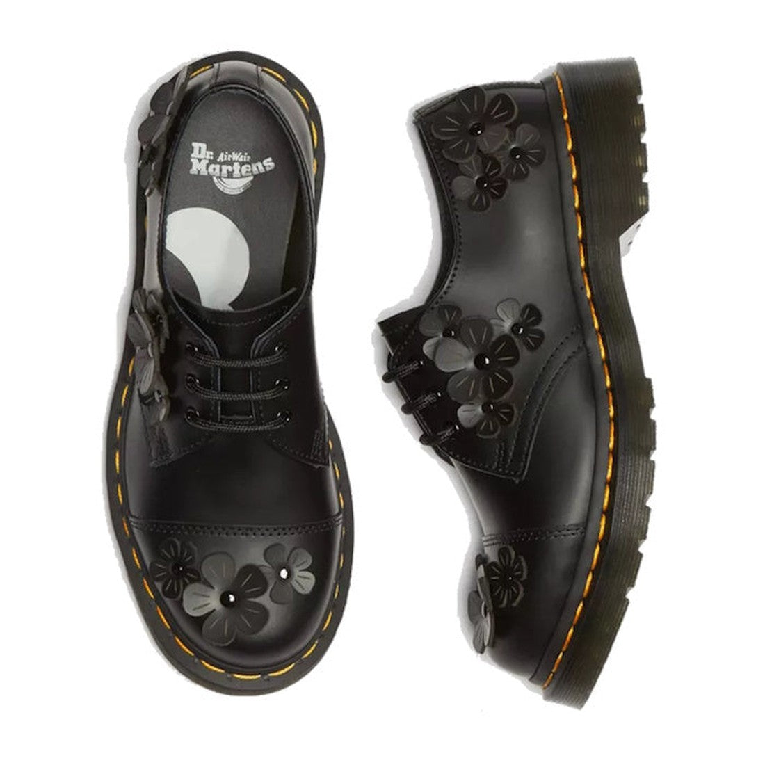 Dr Martens 1461 Flower 3 Eye Black Oxford Shoes with sturdy grooved soles, easy black laces, and cheerful 3D floral details.  ksnz, 190665638967, 190665638974, 190665638981, 190665639001, 190665639018, 190665639025
