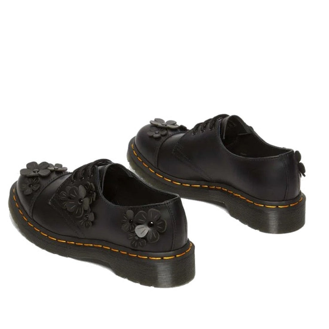 Dr Martens 1461 Flower 3 Eye Oxford Shoe—black leather, fun floral accents, sturdy sole, easy lace-up, and signature yellow stitching.  ksnz, 190665638967, 190665638974, 190665638981, 190665639001, 190665639018, 190665639025