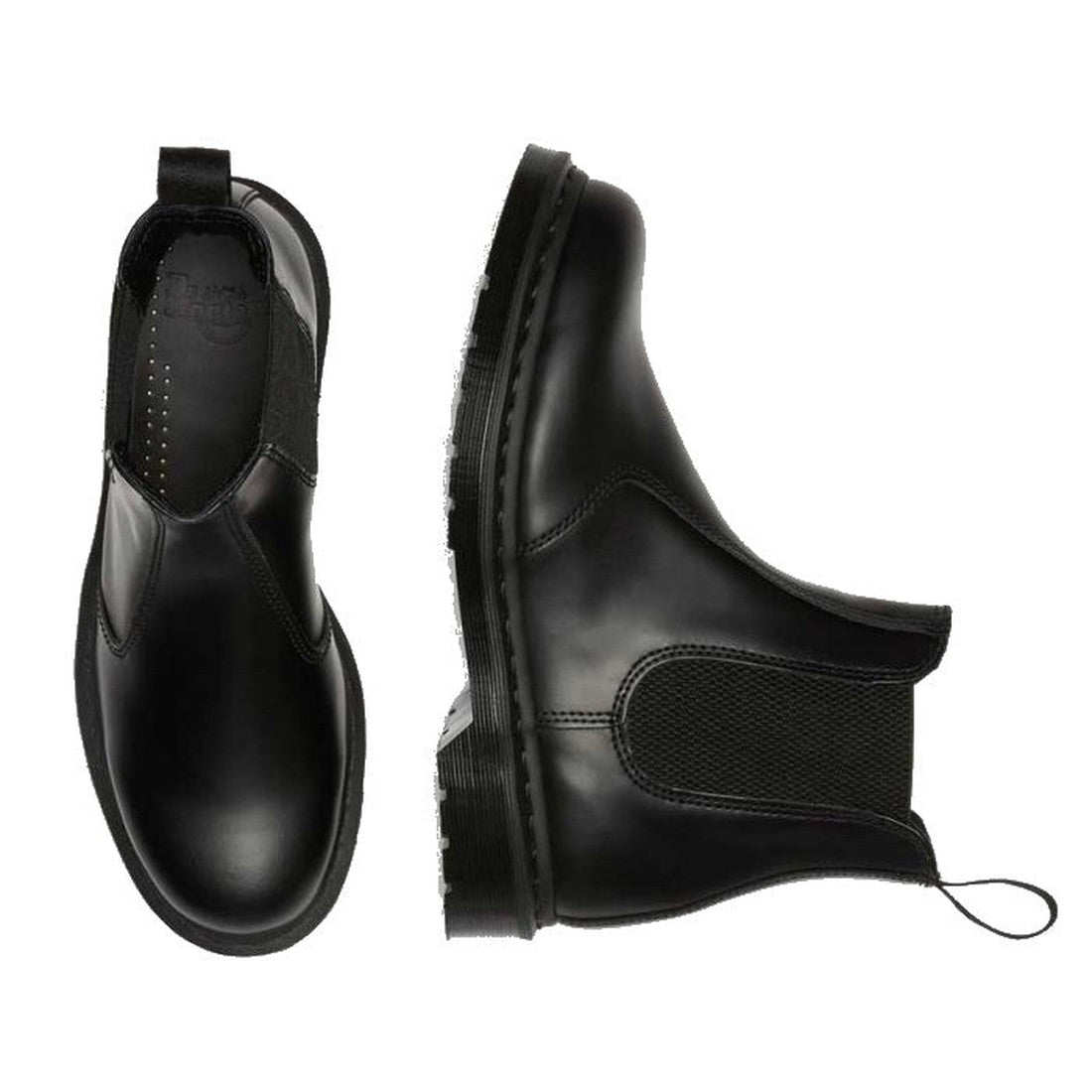 The Dr Martens 2976 Mono Black Chelsea Boot in smooth leather features elastic side panels, a back pull tab, and a polished finish. Shown from top and side views, these boots offer sleek, all-black style., 22760, 190665314717, 190665314724, 190665314731, 
