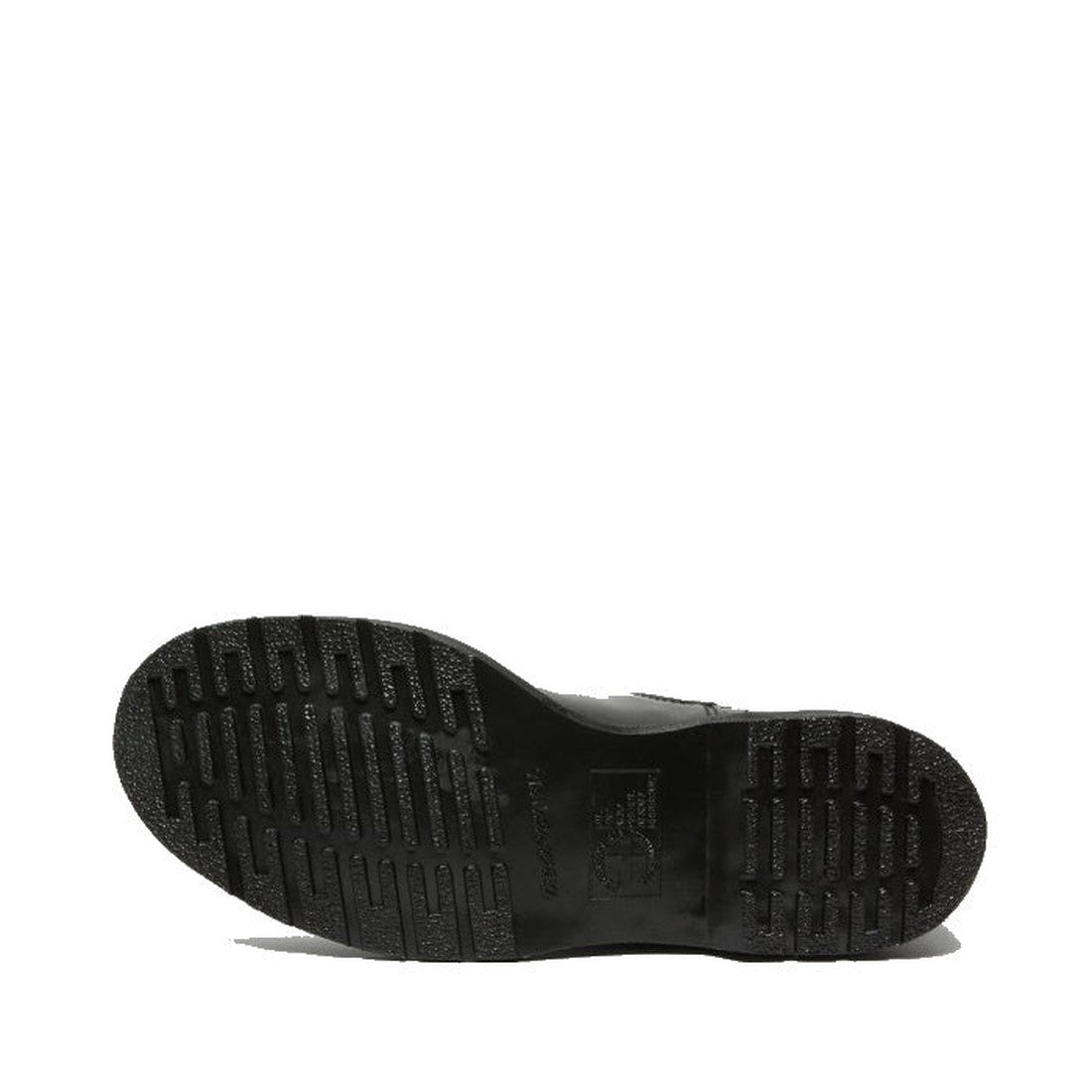 The image shows the black rubber sole of the Dr Martens 2976 Mono Black Chelsea Boot Smooth Leather, viewed from below with a textured tread featuring horizontal and diagonal grooves for traction. The background is plain white., 22760, 190665314717, 19066