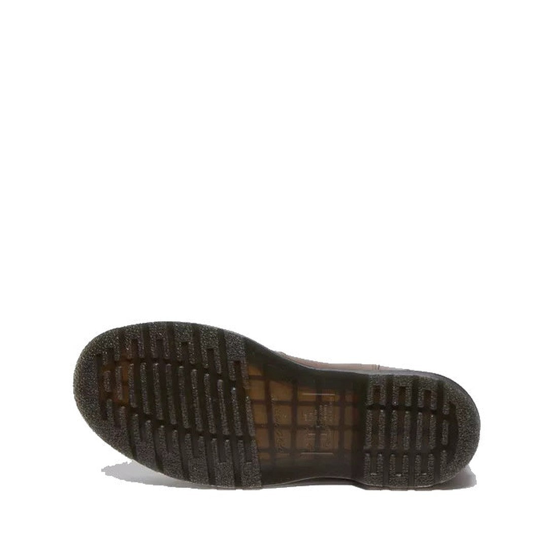 The image shows the bottom view of a Dr Martens - 2976 YS Chelsea Boot Yellow Stitching Dark Khaki Legacy Brown sole, featuring a ribbed, textured AirWair tread in a slightly translucent dark color on a white background.