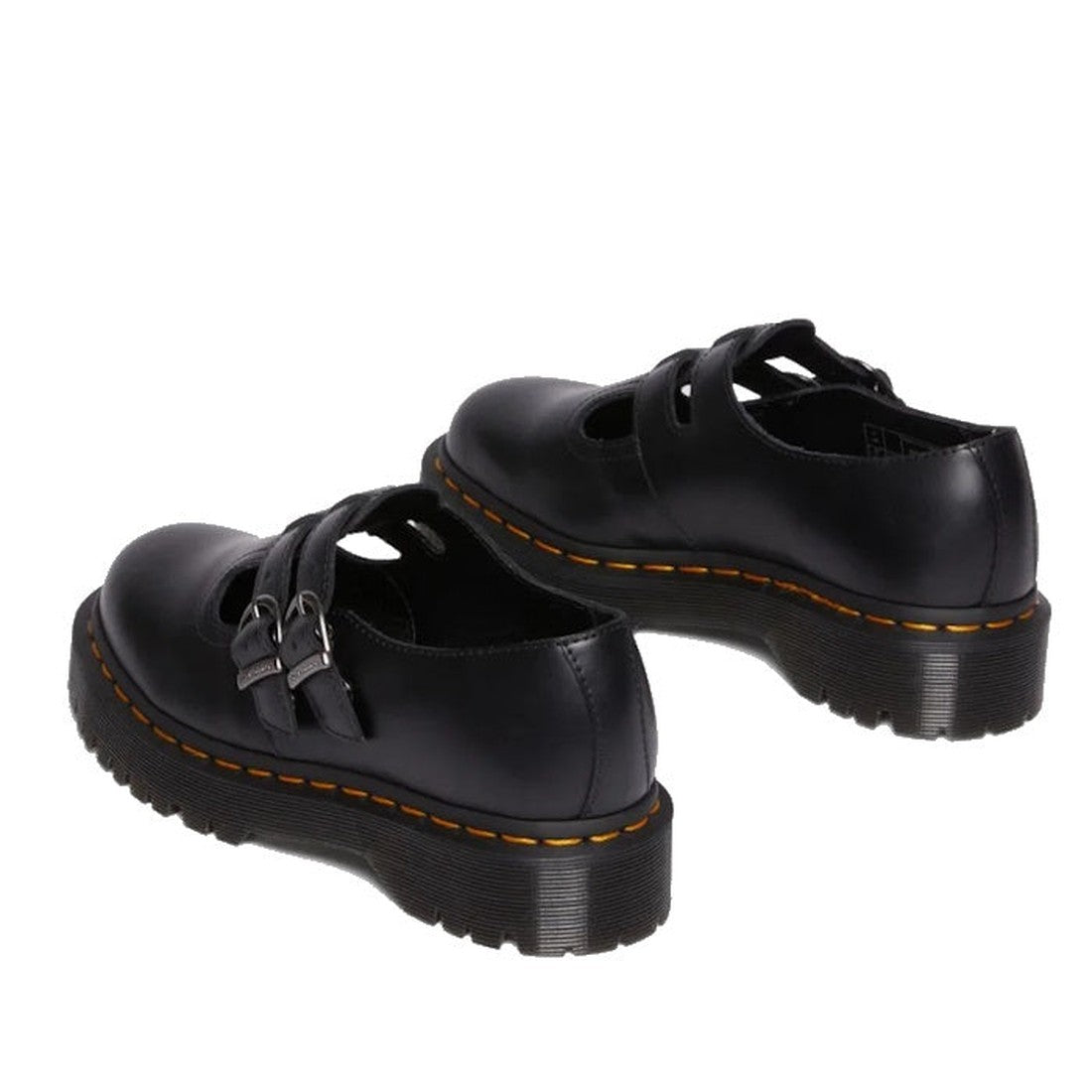 A pair of Dr Martens Bex 8065 II 2 Strap Mary Jane shoes in black with smooth leather uppers, double buckle straps, chunky BEX soles, and signature yellow stitching, shown on a white background., 190665536799, 190665536805, 190665536812, 190665536829, 190