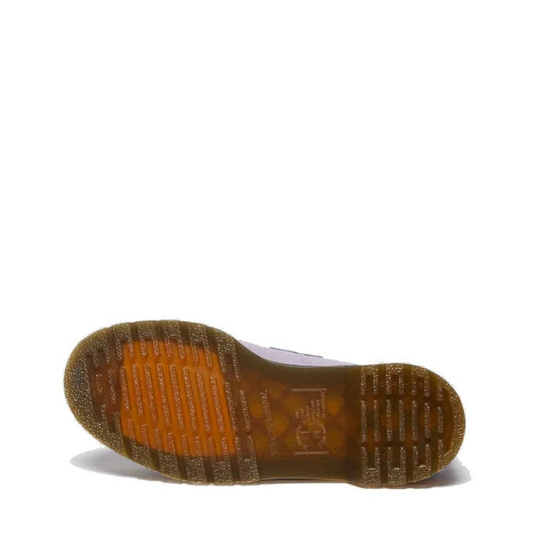 A single Dr Martens Adrian Lavender Frost Virginia Leather Tassel Loafer is shown from below, highlighting its translucent amber rubber sole with grooved treads against a plain white background., 41118, 190665677430, 190665677447, 190665677454, 1906656774