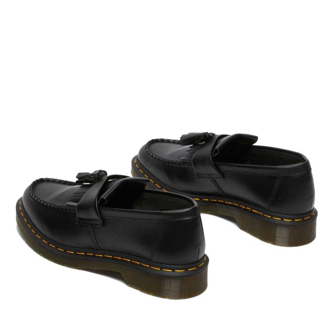 The Dr Martens Adrian YS Black Smooth Tassel Loafer Shoes feature black leather, chunky translucent AirWair soles, yellow stitching, and a Goodyear welt, shown from back and side views. Now on CLEARANCE., 22422, 883985989108, 883985989115, 883985989023, 8