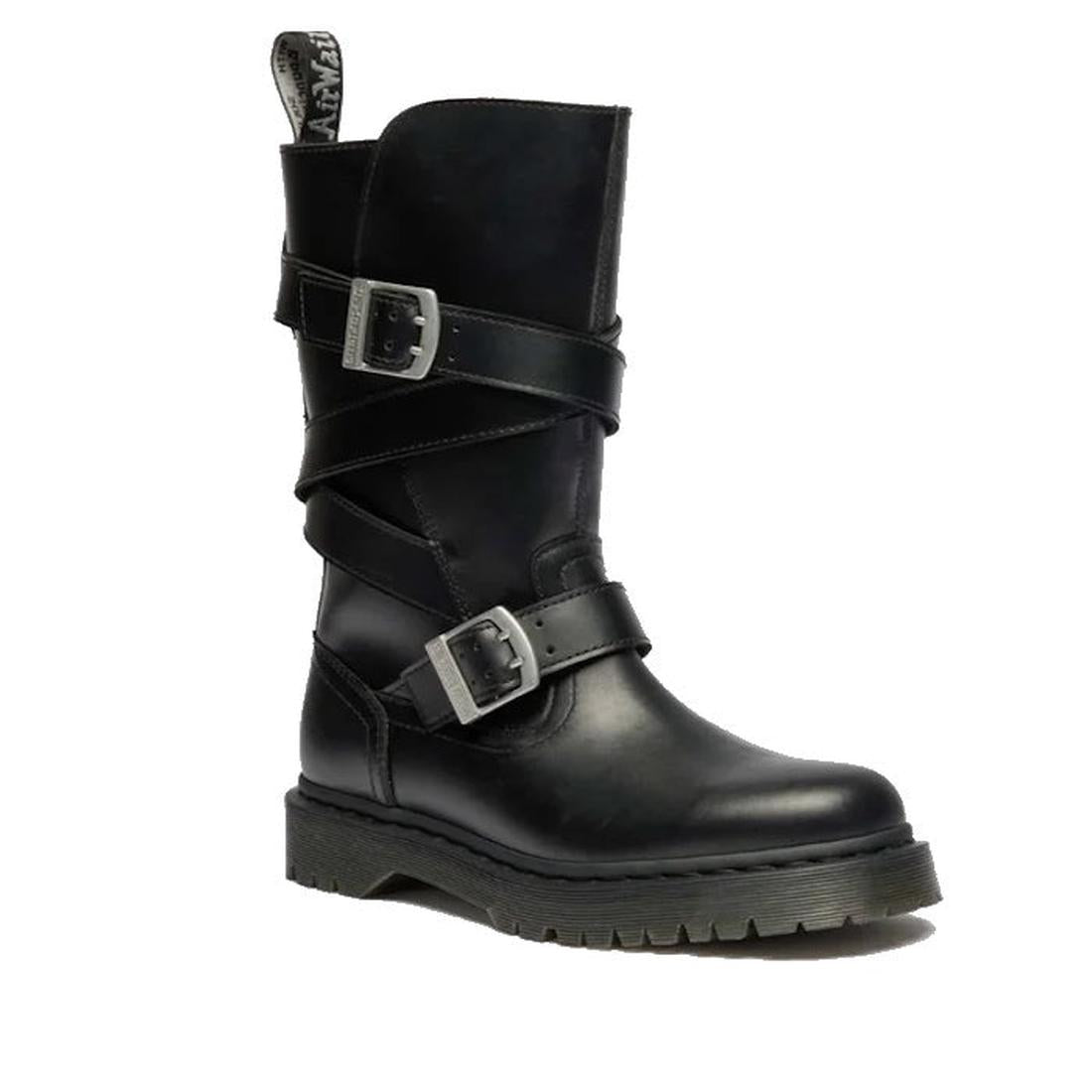 Dr Martens Anistone Bex Strap High Boots are sturdy black pull-on boots with buckles, thick grip sole, and easy back tab.  ksnz