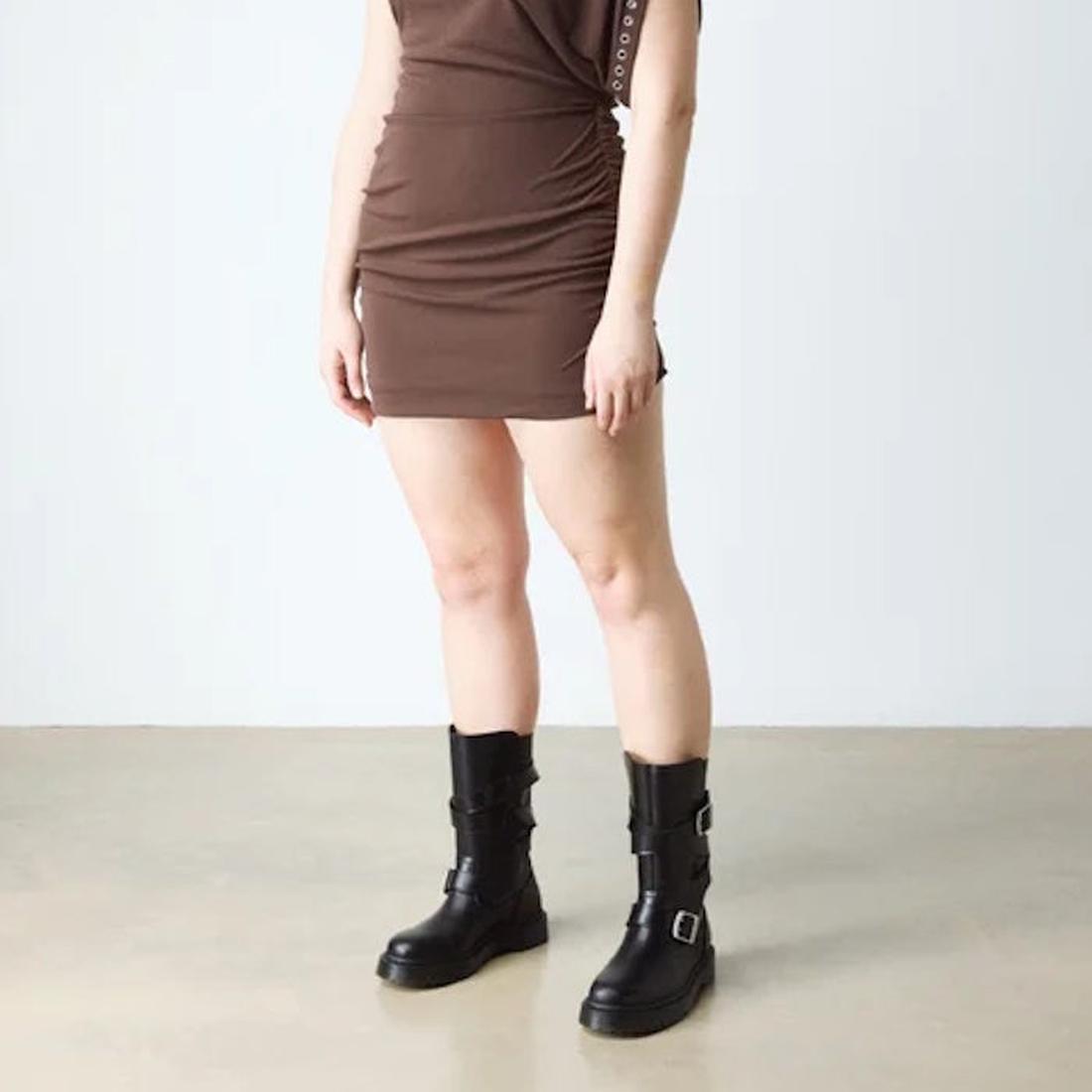 A short brown dress pairs with Dr Martens Anistone Bex Strap High Boots—black leather with secure straps and sturdy, chunky soles.  ksnz, 190665773729, 190665773736, 190665773743, 190665773767, 190665773774, 190665773781, 190665773804, 50753