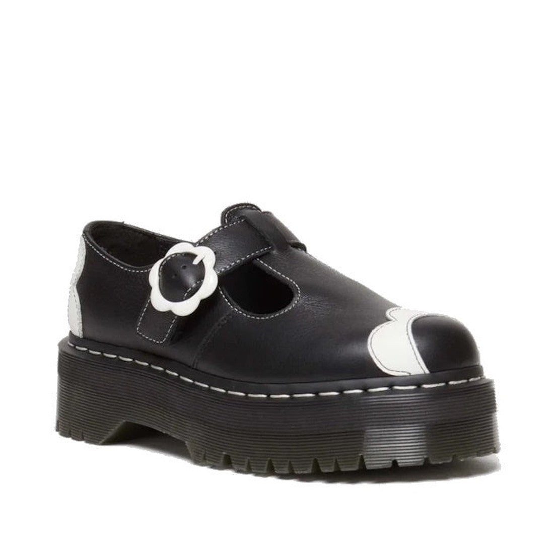 Dr Martens Bethan T-Bar in Optical White Flower Black offers a sturdy platform sole, floral buckle closure, and cute stitched details.  ksnz