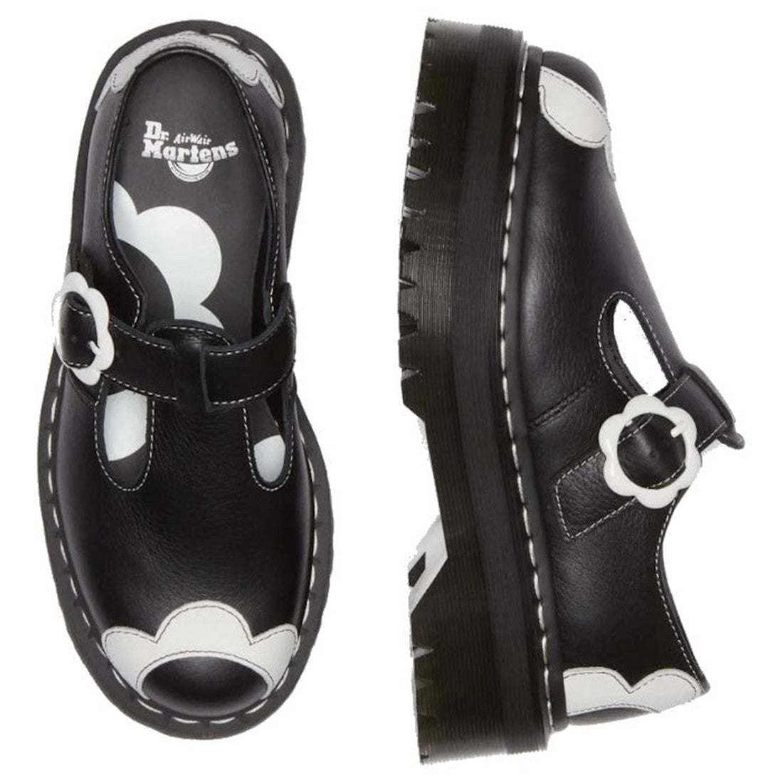 Dr Martens Bethan T-Bar kids' shoes in black with white flower accents, chunky platform sole, and secure buckle strap closure shown top and side.  ksnz, 190665634594, 190665634600, 190665634617, 190665634624, 190665634648, 190665634655, 190665634662