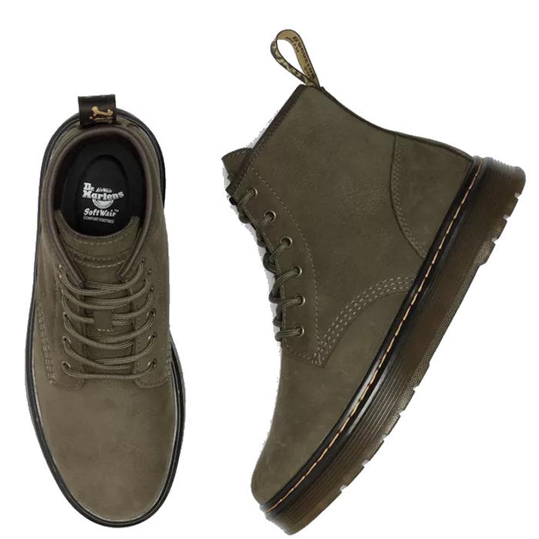 A pair of Dr Martens Brookline Chukka Boot in olive milled nubuck leather; one boot is shown top-down with laces and branded insole, the other from the side showing sturdy stitching and a lightweight outsole., 51342, 190665797053, 190665797060, 1906657970