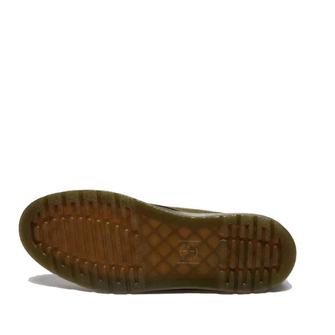 The Dr Martens Brookline Chukka Boot in Olive Milled Nubuck Leather features a brown rubber sole with a lightweight outsole, showcasing a textured grid-like tread and rectangular grooves, photographed on a white background., 51342, 190665797053, 190665797