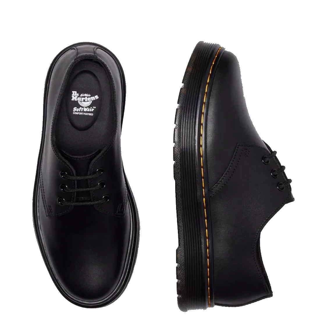 Top and side view of the Dr Martens Brookline Dark Black Lusso Leather Shoe, featuring lightweight leather, signature yellow stitching on the sole, and a visible SoftWair insole label.